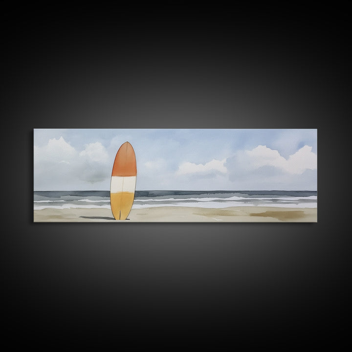 Orange Surfboard On Misty Beach Wall Art, Framed Canvas Print, Coastal Wall Decor, Surf Poster For Beach House Decor Living Room Art