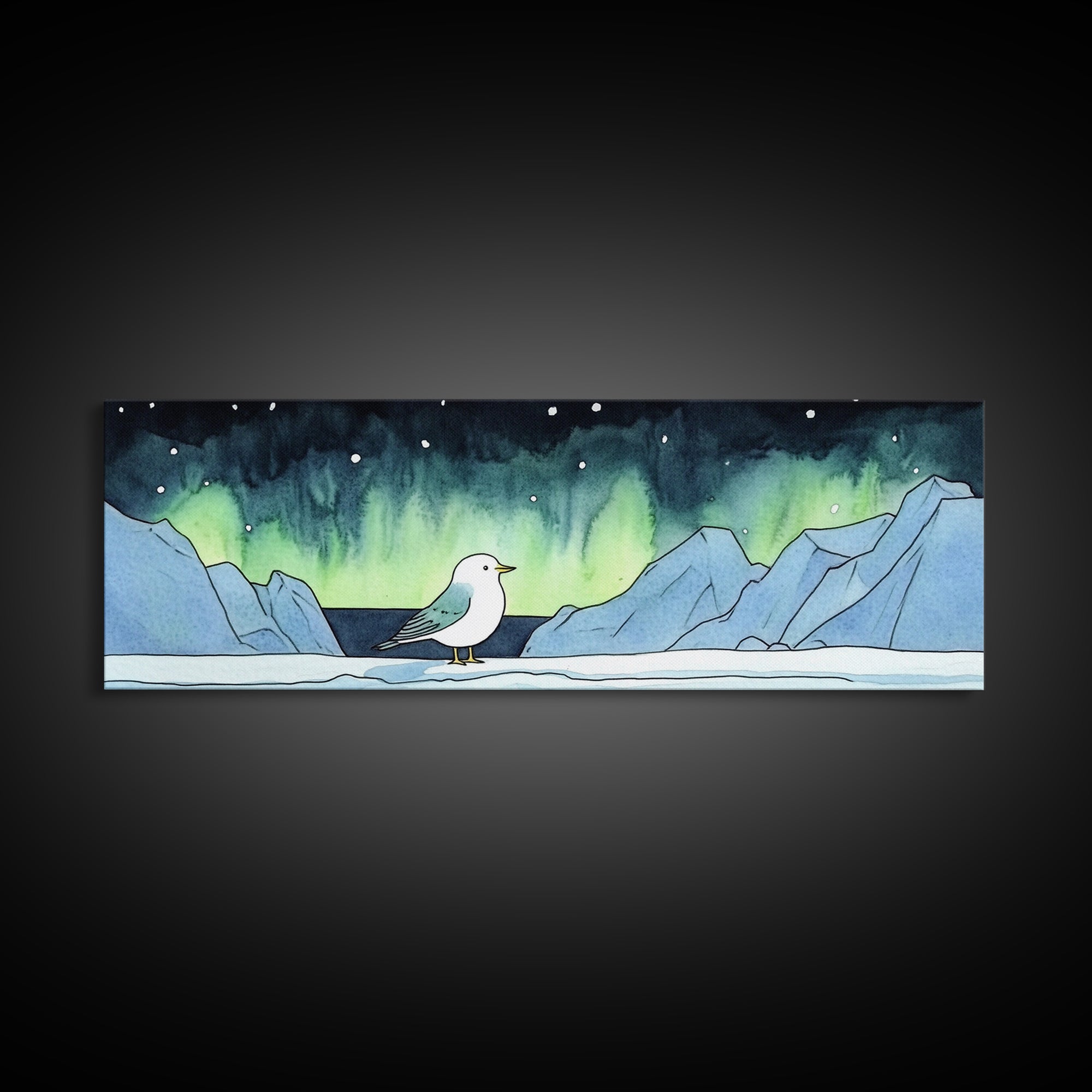 Seagull Under Aurora Mountains Wall Art, Panoramic Canvas Print, Coastal Bird Art, Nautical Nursery Decor, Ocean Gift For Her