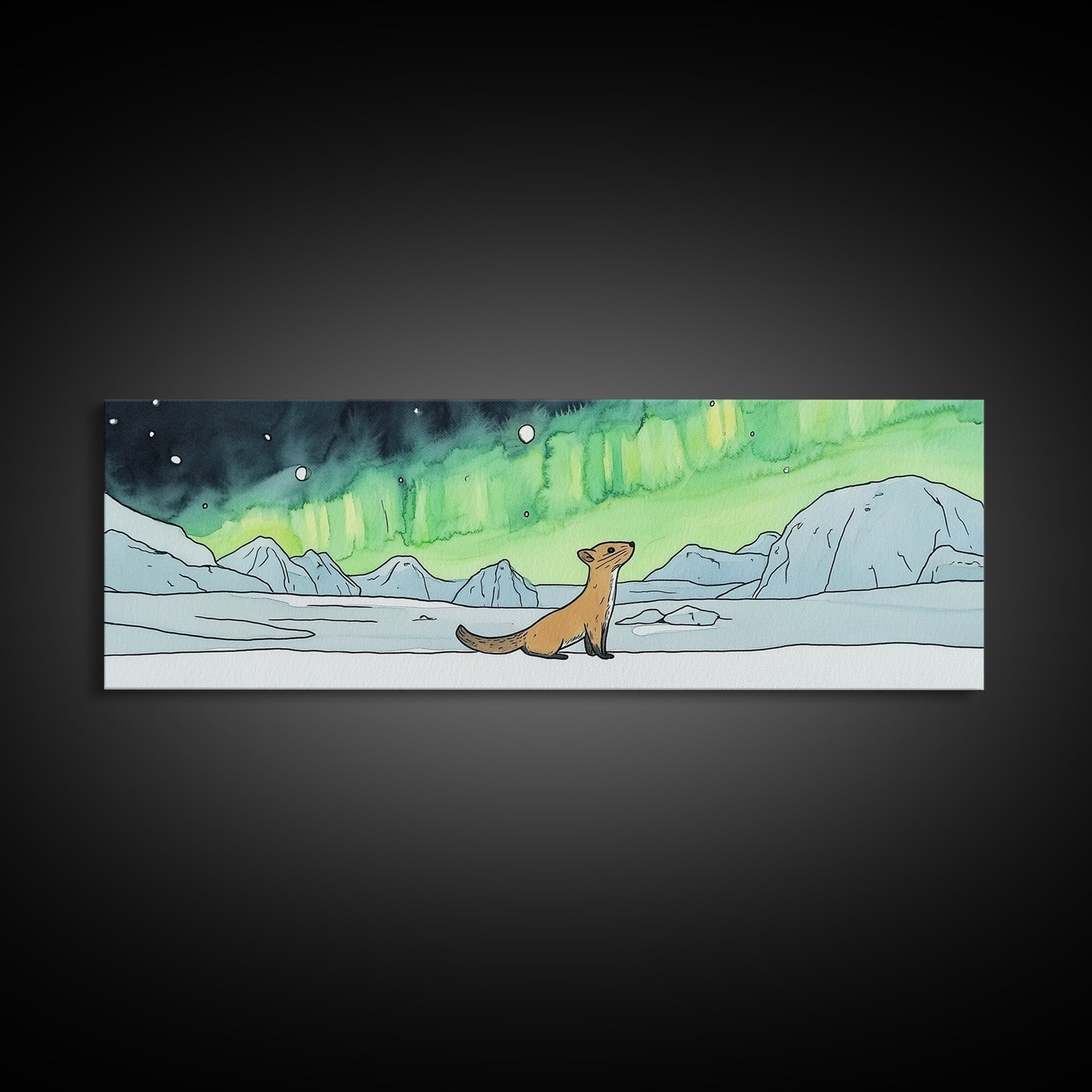 Playful Arctic Weasel Under Aurora Wall Art, Framed Canvas Print, Wildlife Wall Decor, Whimsical Nursery Art Gift For Kids Room