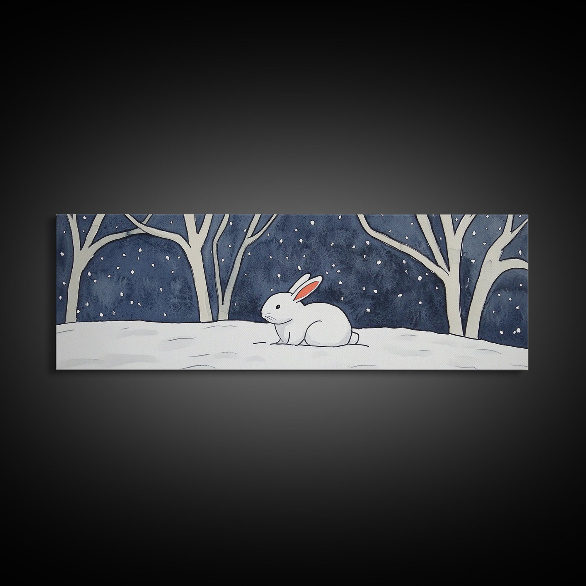 White Rabbit In Snowy Forest Wall Art, Framed Canvas Print, Woodland Nursery Decor, Whimsical Animal Art For Kids Room Gift