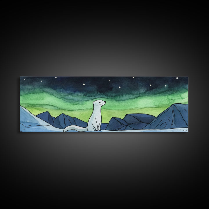 White Arctic Ermine Aurora Mountains Wall Art, Panoramic Canvas Print, Wildlife Wall Decor, Winter Nursery Art For Kids Room