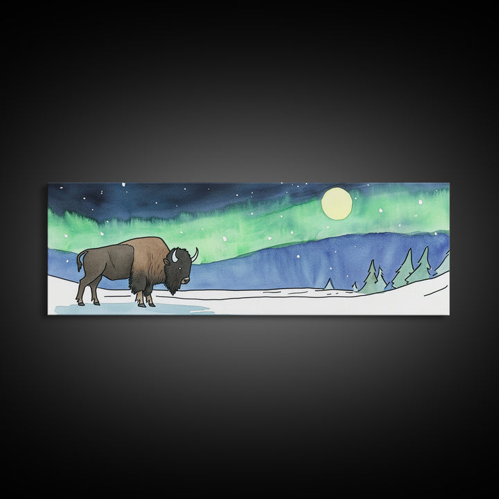 Snowy Bison Under Aurora Moon Wall Art, Wildlife Framed Canvas Print, Rustic Lodge Decor, Winter Landscape Art, Cabin Gift