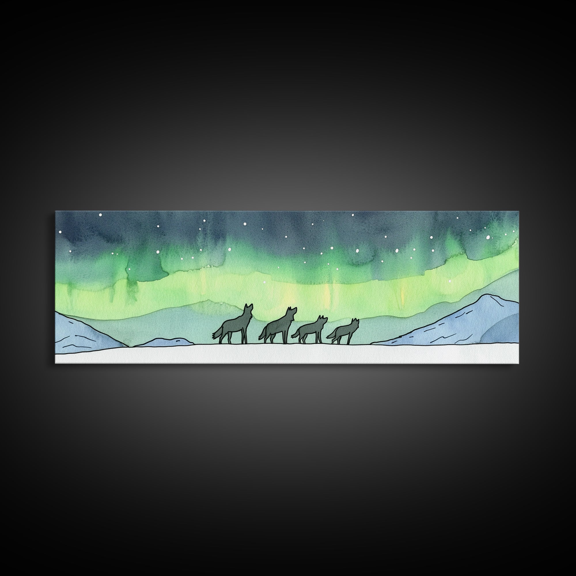 Howling Wolves Beneath Northern Lights Wall Art, Wildlife Canvas Print, Winter Mountain Decor, Aurora Landscape Print, Cabin Art