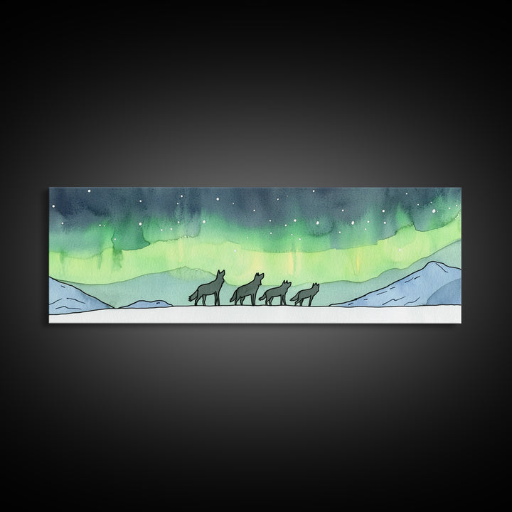 Howling Wolves Beneath Northern Lights Wall Art, Wildlife Canvas Print, Winter Mountain Decor, Aurora Landscape Print, Cabin Art