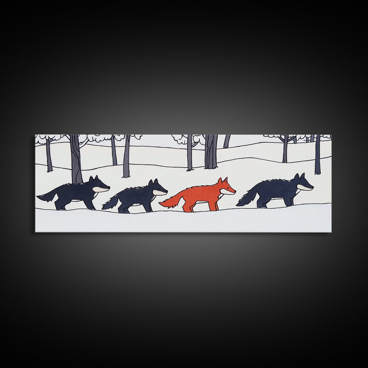 Red Fox Walking With Black Wolves Wall Art, Woodland Animal Canvas Print, Snowy Forest Nursery Decor, Whimsical Wildlife Art