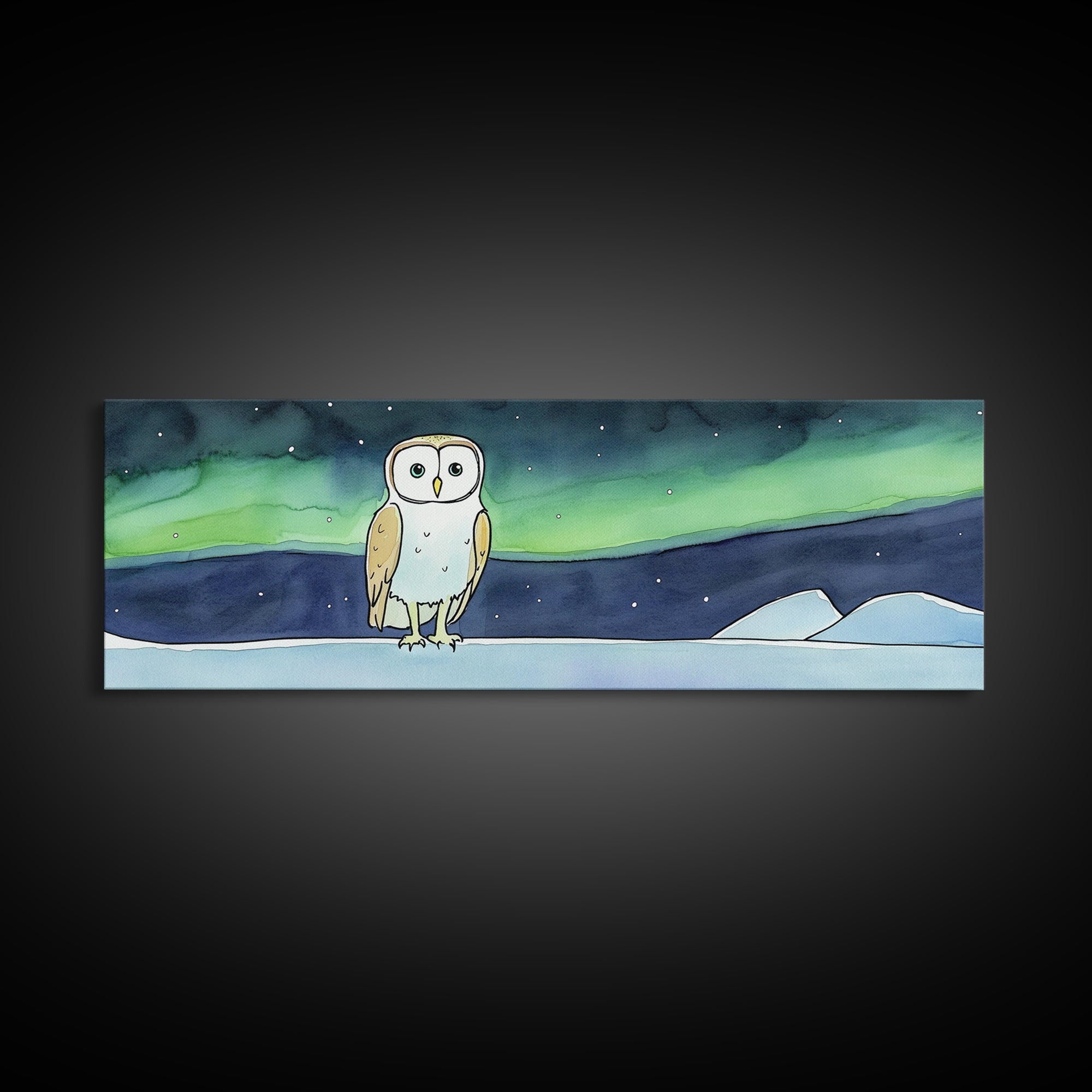 Whimsical Barn Owl Under Aurora Wall Art, Arctic Night Canvas Print, Nursery Decor, Celestial Kids Room Gift, Bedroom Decor