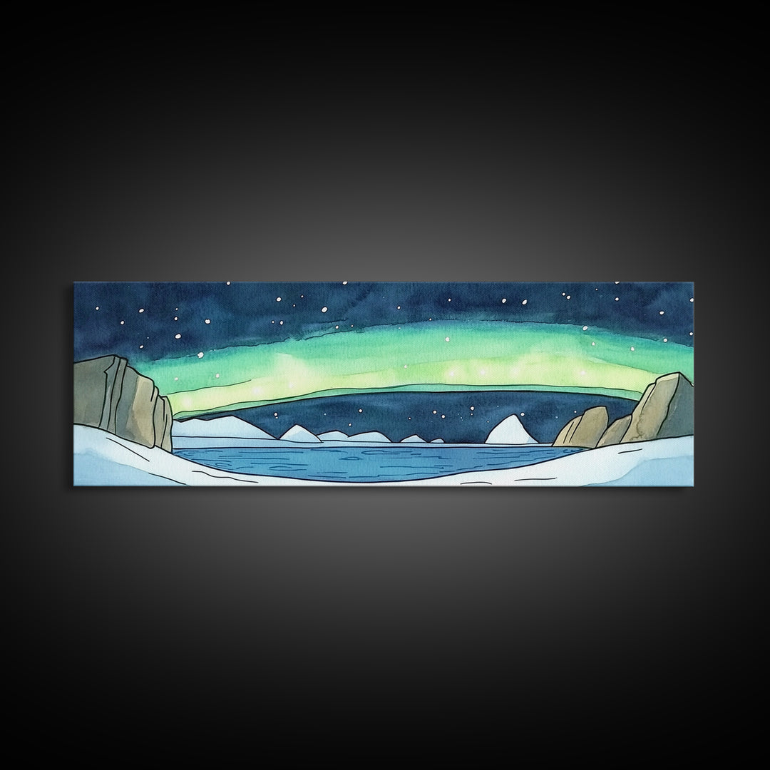 Arctic Aurora Over Icy Sea Wall Art, Northern Lights Landscape Canvas Print, Panoramic Coastal Decor, Statement Artwork Gift
