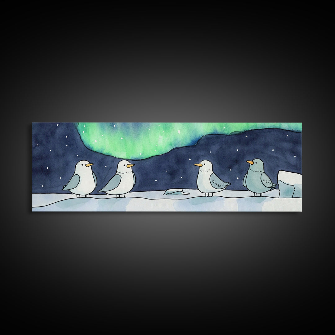 Penguins Under Northern Lights Canvas Print, Arctic Bird Wall Art, Winter Nursery Decor, Celestial Christmas Gift For Her
