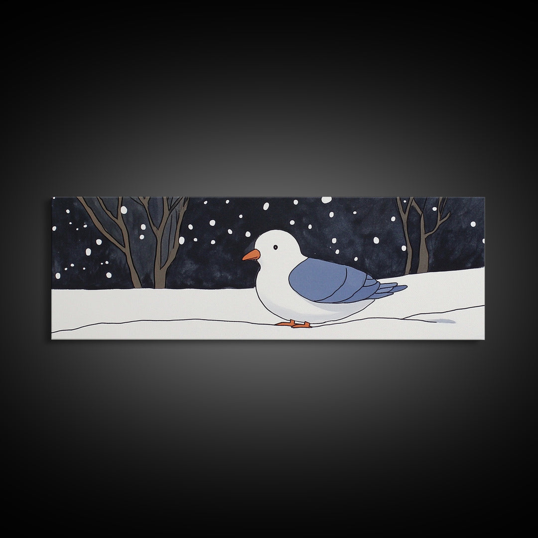 Snowy White Bird In Winter Forest Wall Art, Cozy Nursery Decor, Scandinavian Nature Print, Minimalist Bedroom Poster Gift
