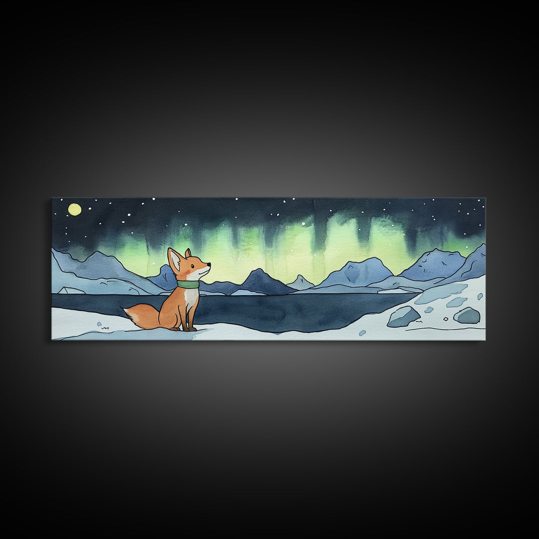 Fox Under Northern Lights By Mountain Lake Wall Art, Winter Landscape Print, Woodland Animal Decor, Cozy Cabin Gift For Nature Lovers