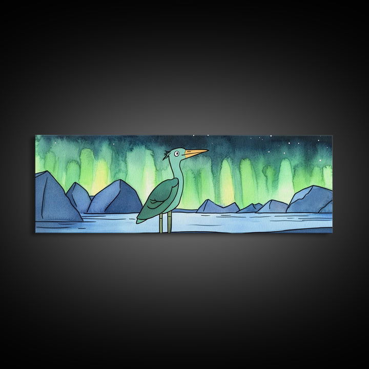Green Heron Beneath Northern Lights Canvas Print, Arctic Lake Landscape Wall Decor, Japandi Bird Art, Modern Nursery Gift
