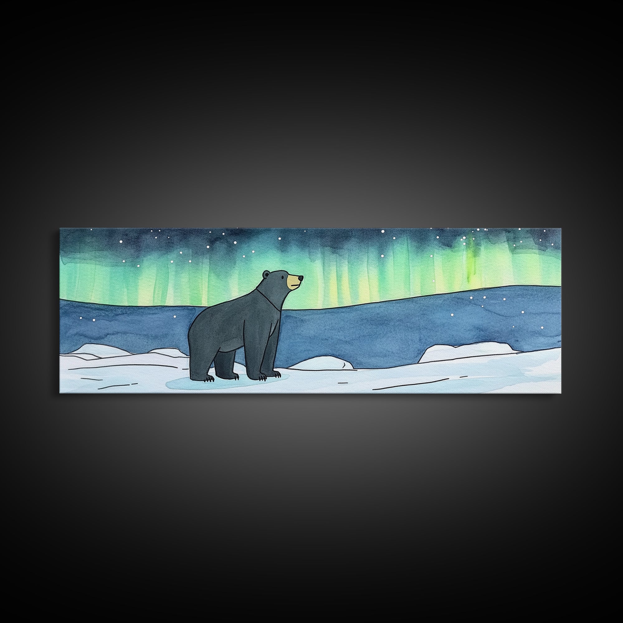 Polar Bear Under Northern Lights Wall Art, Arctic Wildlife Print, Winter Nursery Decor, Blue Green Landscape Gift For Cabin Decor