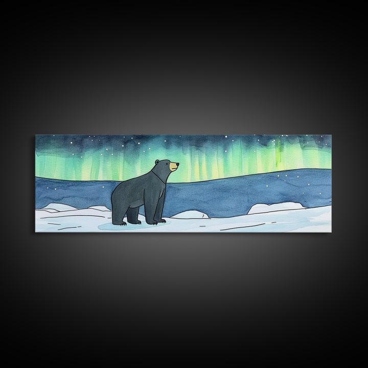 Polar Bear Under Northern Lights Wall Art, Arctic Wildlife Print, Winter Nursery Decor, Blue Green Landscape Gift For Cabin Decor