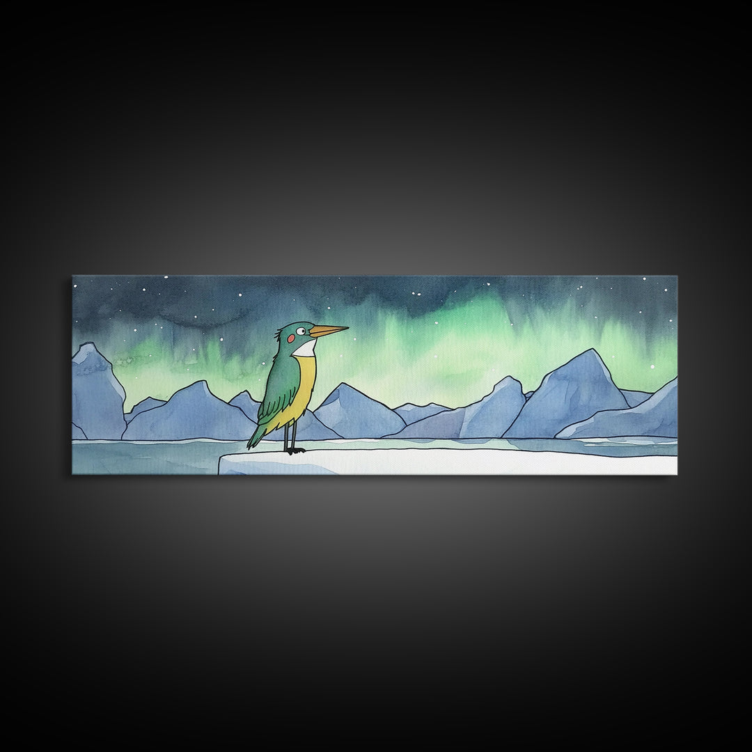 Green Kingfisher Under Northern Lights Wall Art, Arctic Bird Canvas Print, Wildlife Nursery Decor, Mountain Lake Art Print