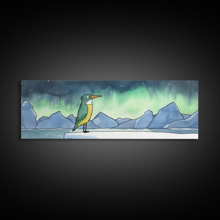 Green Kingfisher Under Northern Lights Wall Art, Arctic Bird Canvas Print, Wildlife Nursery Decor, Mountain Lake Art Print