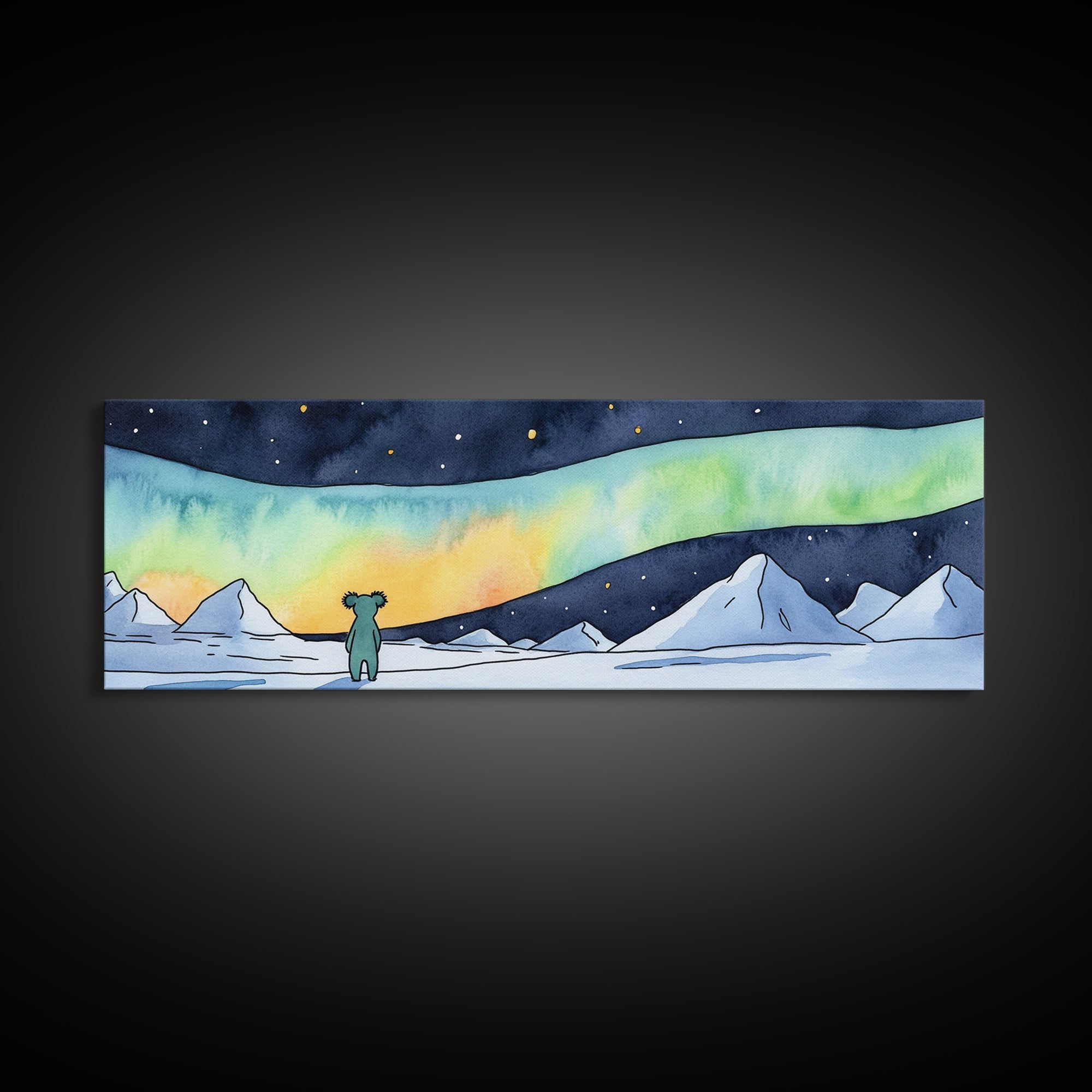 Tiny Bear Watching Aurora Canvas Print, Northern Lights Wall Art, Arctic Nursery Decor, Whimsical Winter Landscape Art Print
