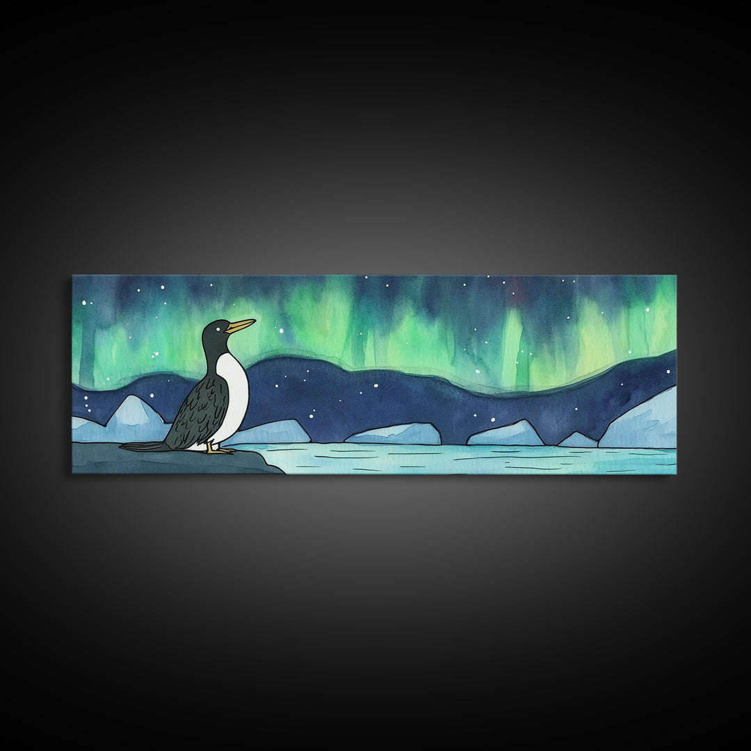 Penguin Under Northern Lights Wall Art, Arctic Bird Canvas Print, Whimsical Nursery Decor, Winter Ocean Landscape Art Print