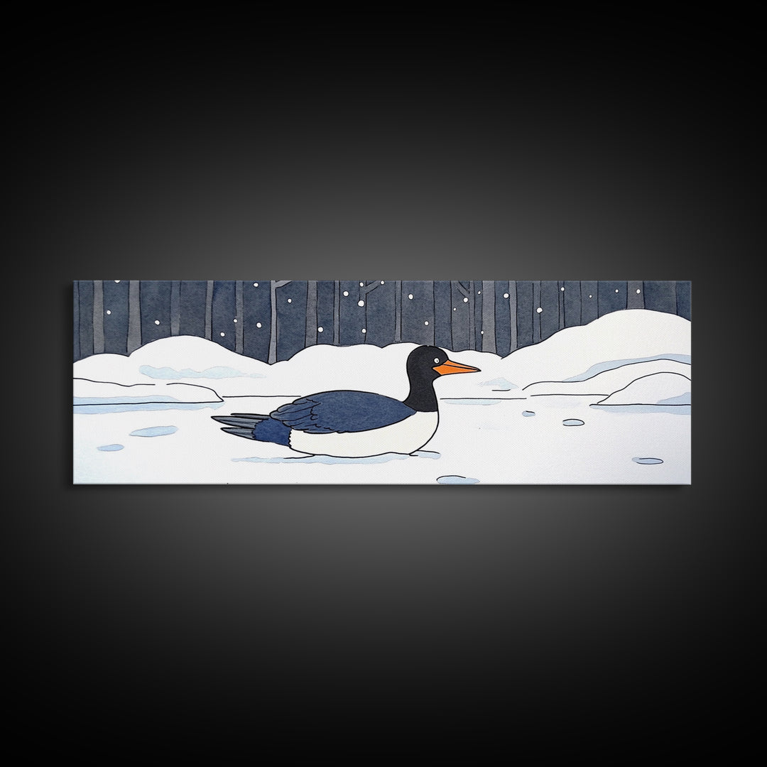 Black And White Duck In Snow Wall Art, Winter Bird Canvas Print, Minimalist Nursery Decor, Cozy Lake House Wildlife Art Print