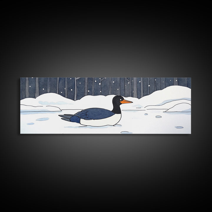 Black And White Duck In Snow Wall Art, Winter Bird Canvas Print, Minimalist Nursery Decor, Cozy Lake House Wildlife Art Print