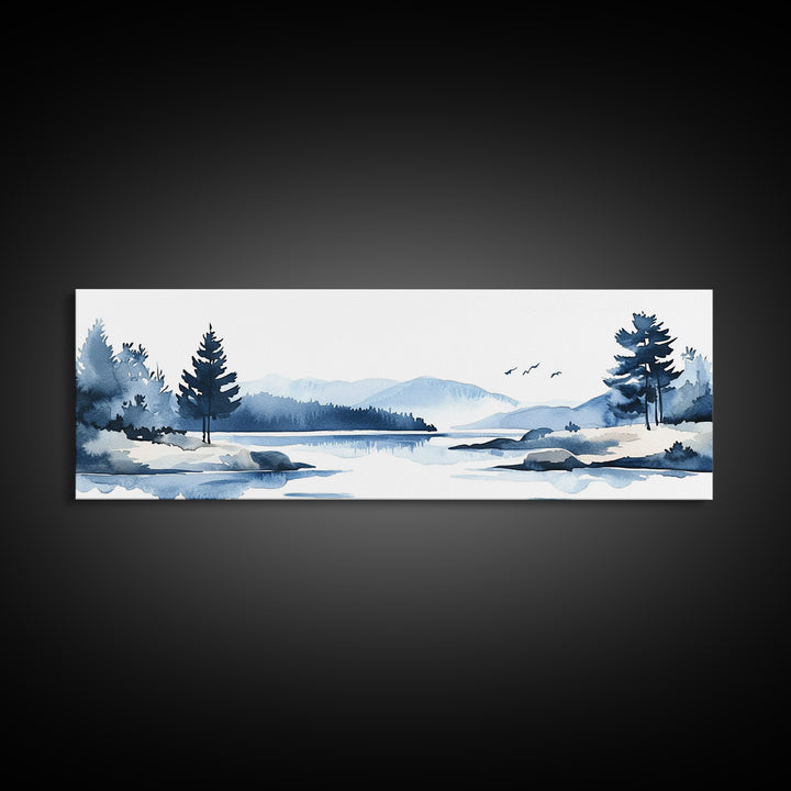 Blue Winter Lake And Pine Trees Wall Art, Watercolor Mountain Landscape Print, Coastal Cabin Decor, Serene Living Room Art