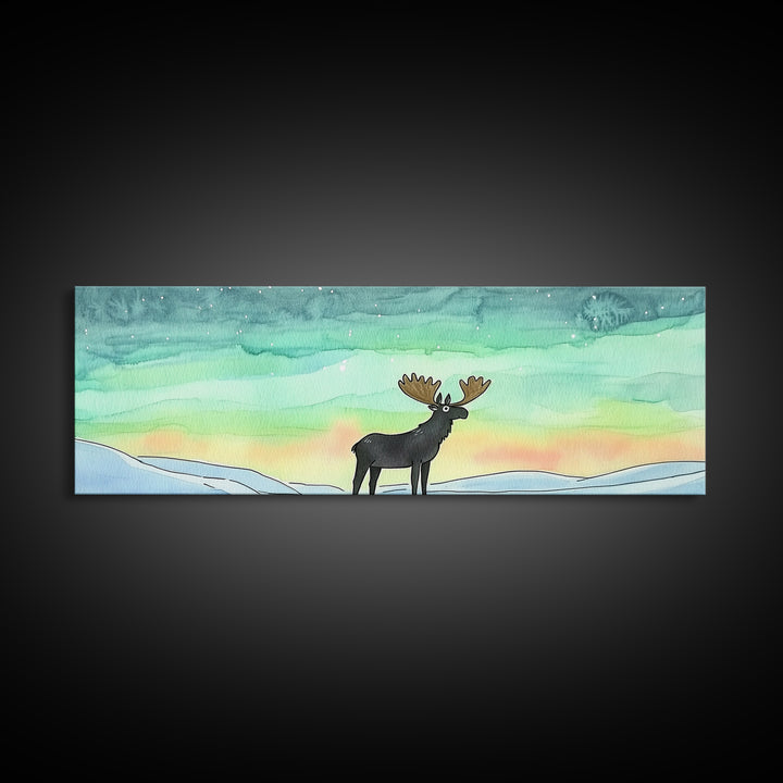 Moose Beneath Northern Lights Framed Canvas Print, Aurora Borealis Wall Art, Winter Wildlife Decor, Cabin Nursery Art Gift
