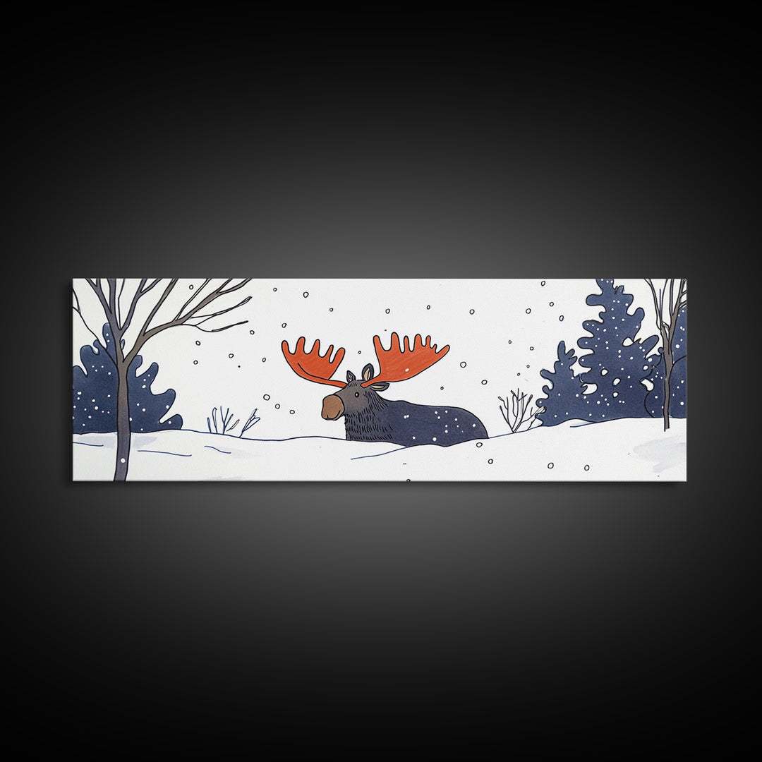 Whimsical Moose In Falling Snow Wall Art, Winter Animal Canvas Print, Cute Nursery Room Decor, Woodland Cabin Gift For Kids