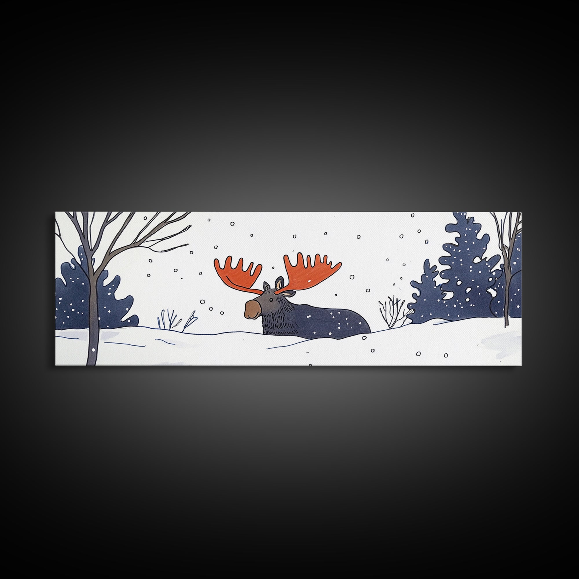 Whimsical Moose In Falling Snow Wall Art, Winter Animal Canvas Print, Cute Nursery Room Decor, Woodland Cabin Gift For Kids