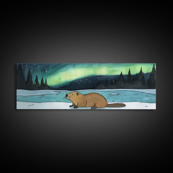 Beaver Beside Frozen Lake Wall Art, Northern Lights Canvas Print, Aurora Borealis Wildlife Decor, Kids Cabin Nursery Room Art
