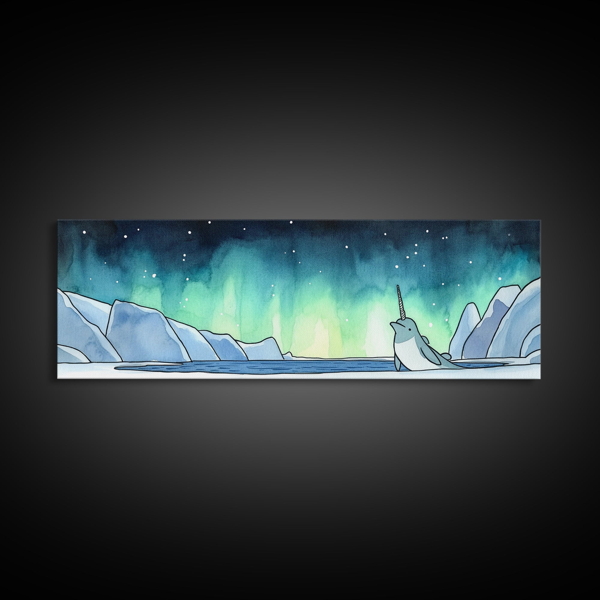 Narwhal In Icy Arctic Waters Wall Art, Northern Lights Ocean Print, Whimsical Nursery Decor, Coastal Kids Room Art Gift