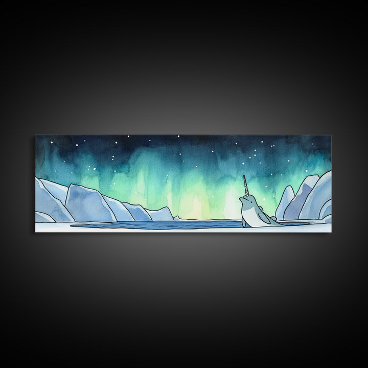 Narwhal In Icy Arctic Waters Wall Art, Northern Lights Ocean Print, Whimsical Nursery Decor, Coastal Kids Room Art Gift