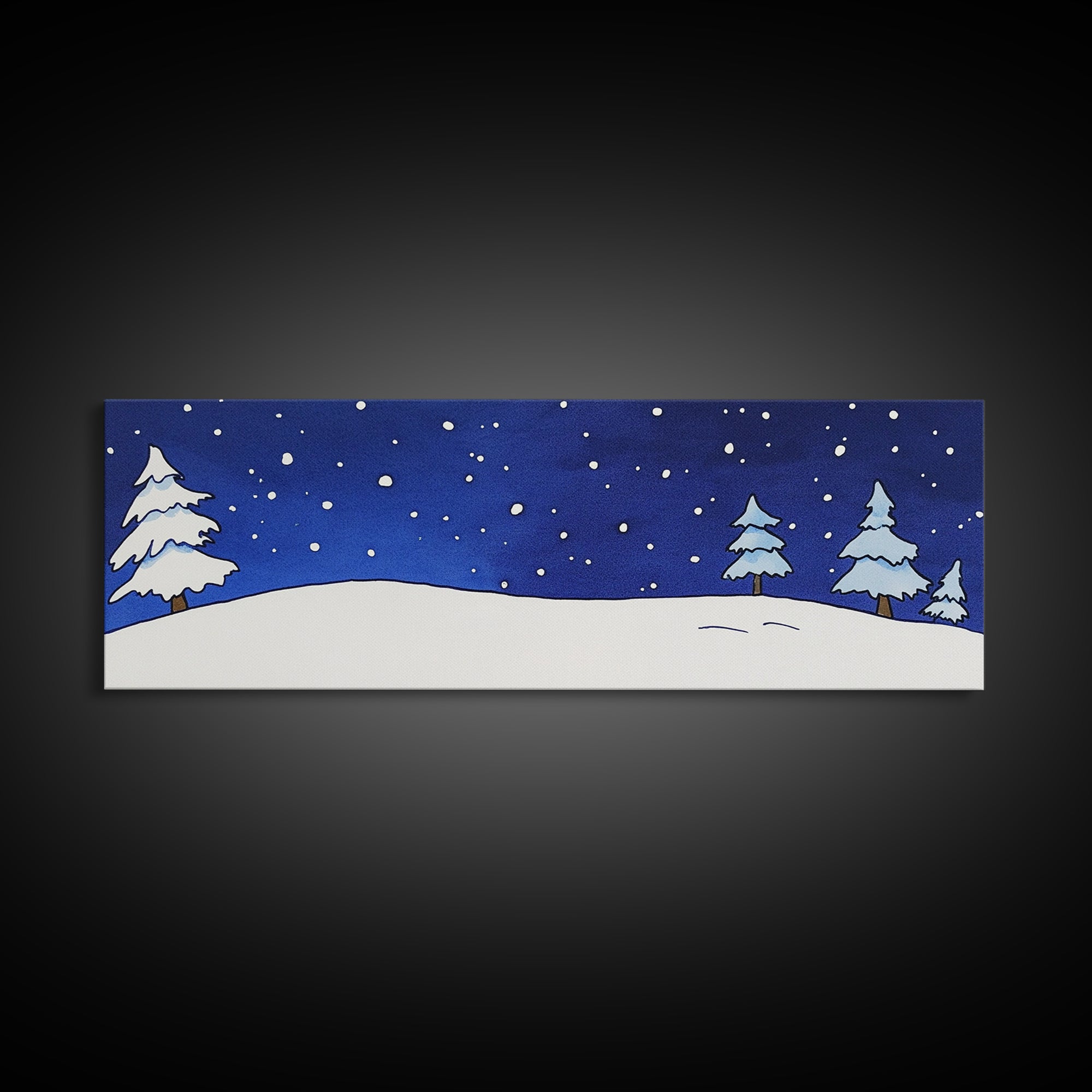 Snowy Pine Hill Under Starry Night Canvas Print, Minimal Winter Landscape, Nursery Wall Art, Cozy Bedroom Decor Gift Idea