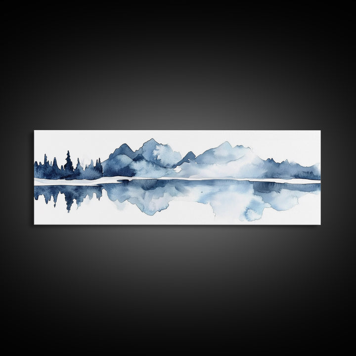 Blue Mountain Lake Reflection Canvas Print, Watercolor Landscape Wall Art, Modern Coastal Decor, Calm Living Room Art Print