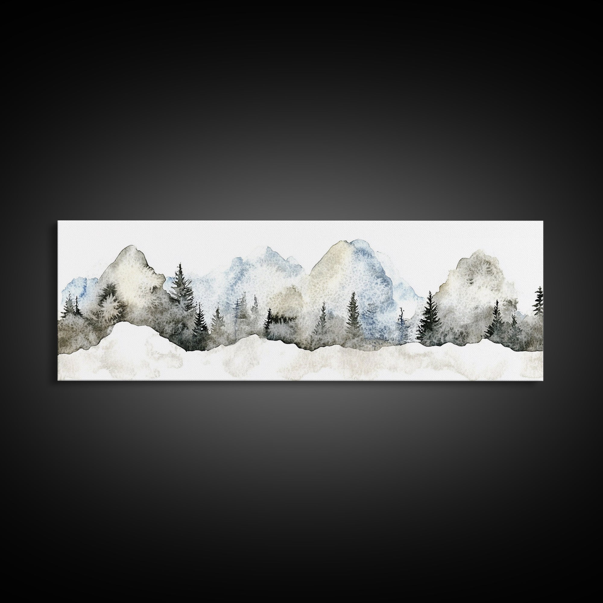 Misty Blue Mountains With Evergreen Pines Wall Art, Watercolor Landscape Print, Neutral Nature Decor, Japandi Bedroom Art