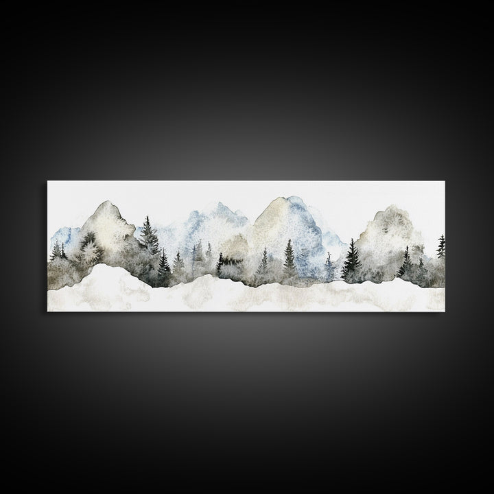Misty Blue Mountains With Evergreen Pines Wall Art, Watercolor Landscape Print, Neutral Nature Decor, Japandi Bedroom Art
