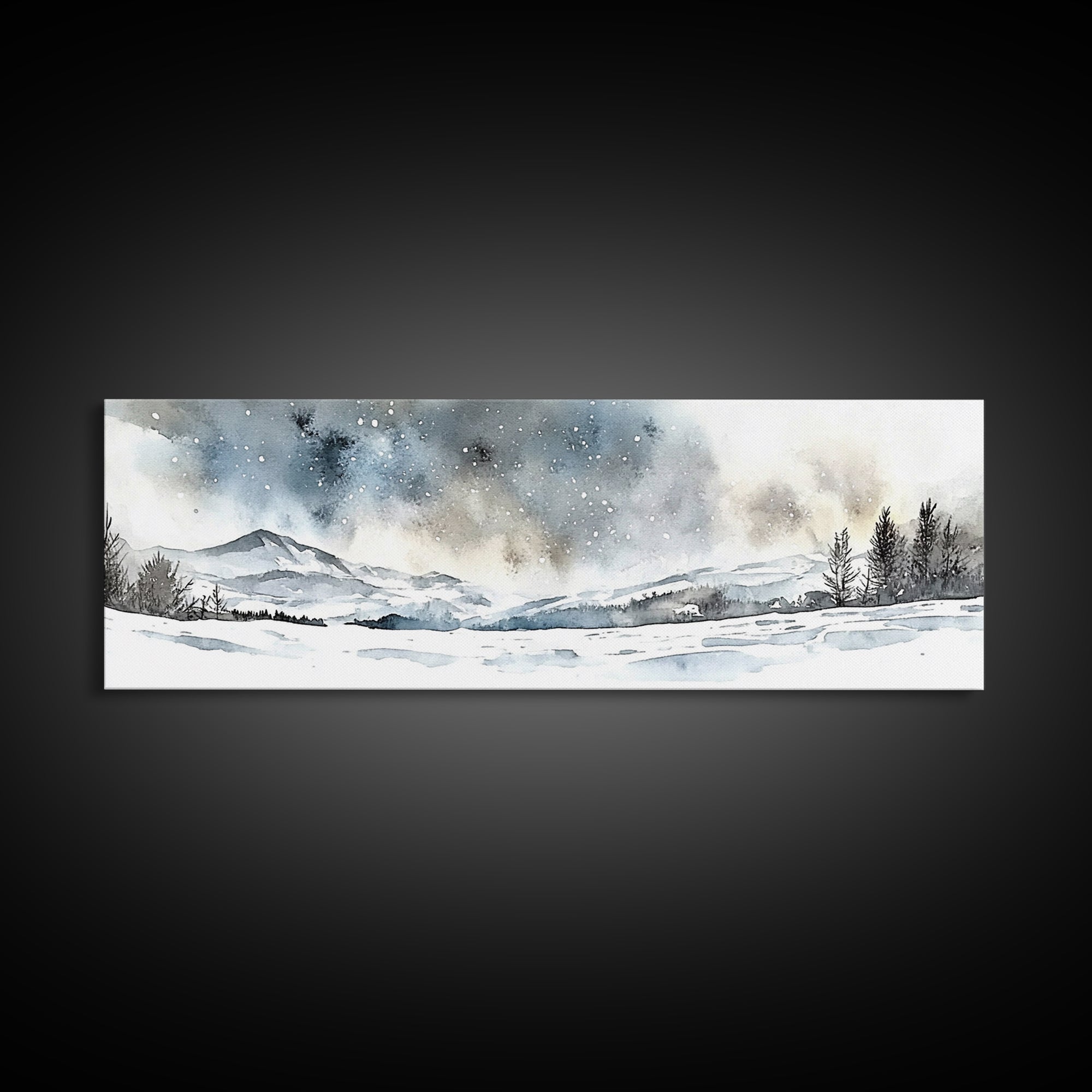 Snowy Mountain Valley Beneath Starry Sky Wall Art, Winter Landscape Painting, Rustic Nature Decor, Cabin Wall Decor Gift