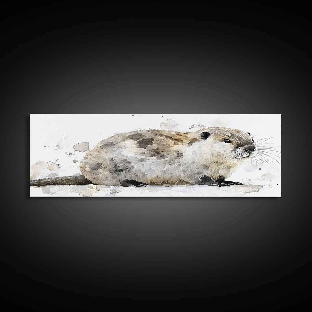 Cute River Otter In Snow Canvas Print, Watercolor Animal Art, Woodland Nursery Decor, Wildlife Wall Art, Housewarming Gift