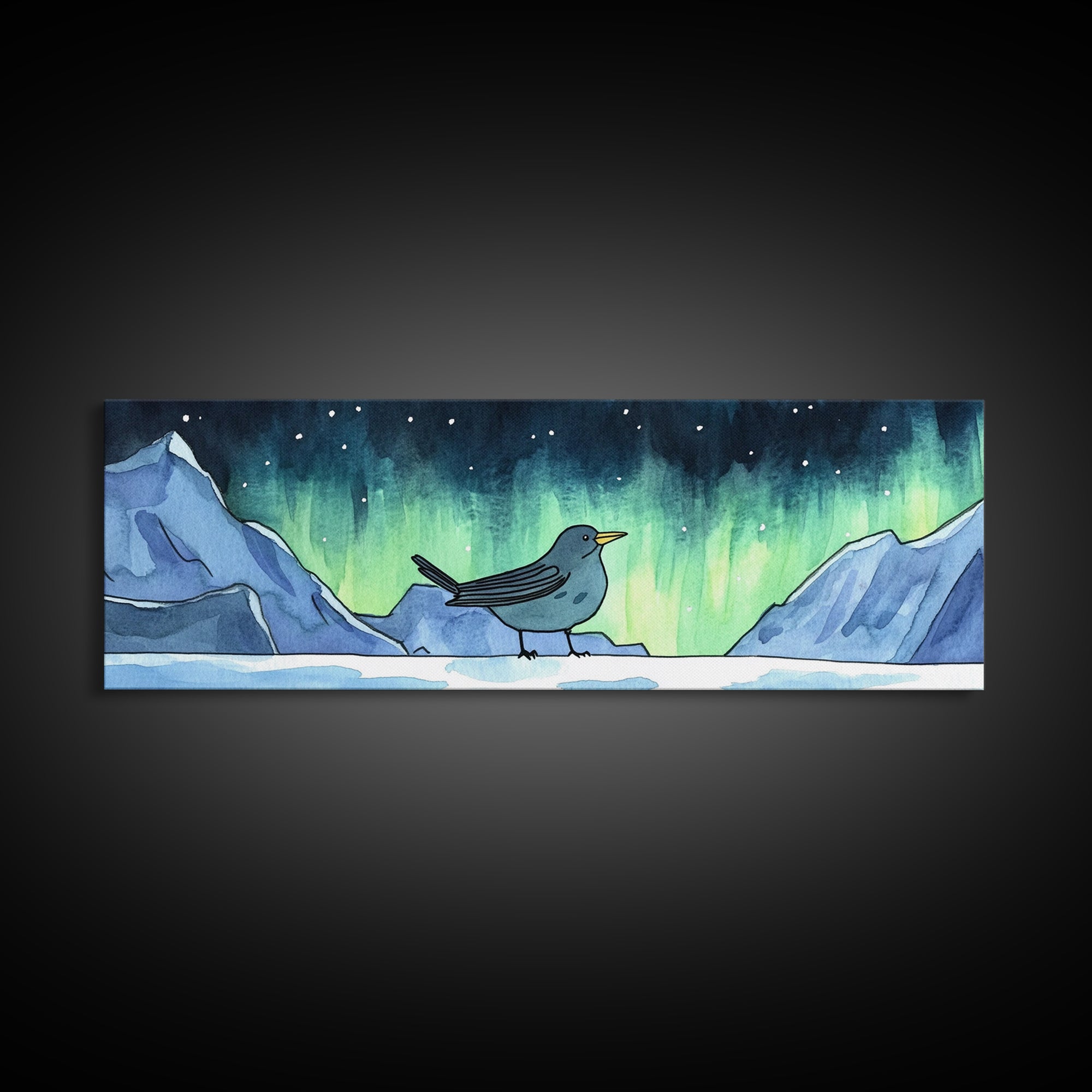 Aurora Bird On Snowy Arctic Mountains Canvas Print, Northern Lights Wall Art, Whimsical Animal Nursery Decor, Winter Gift