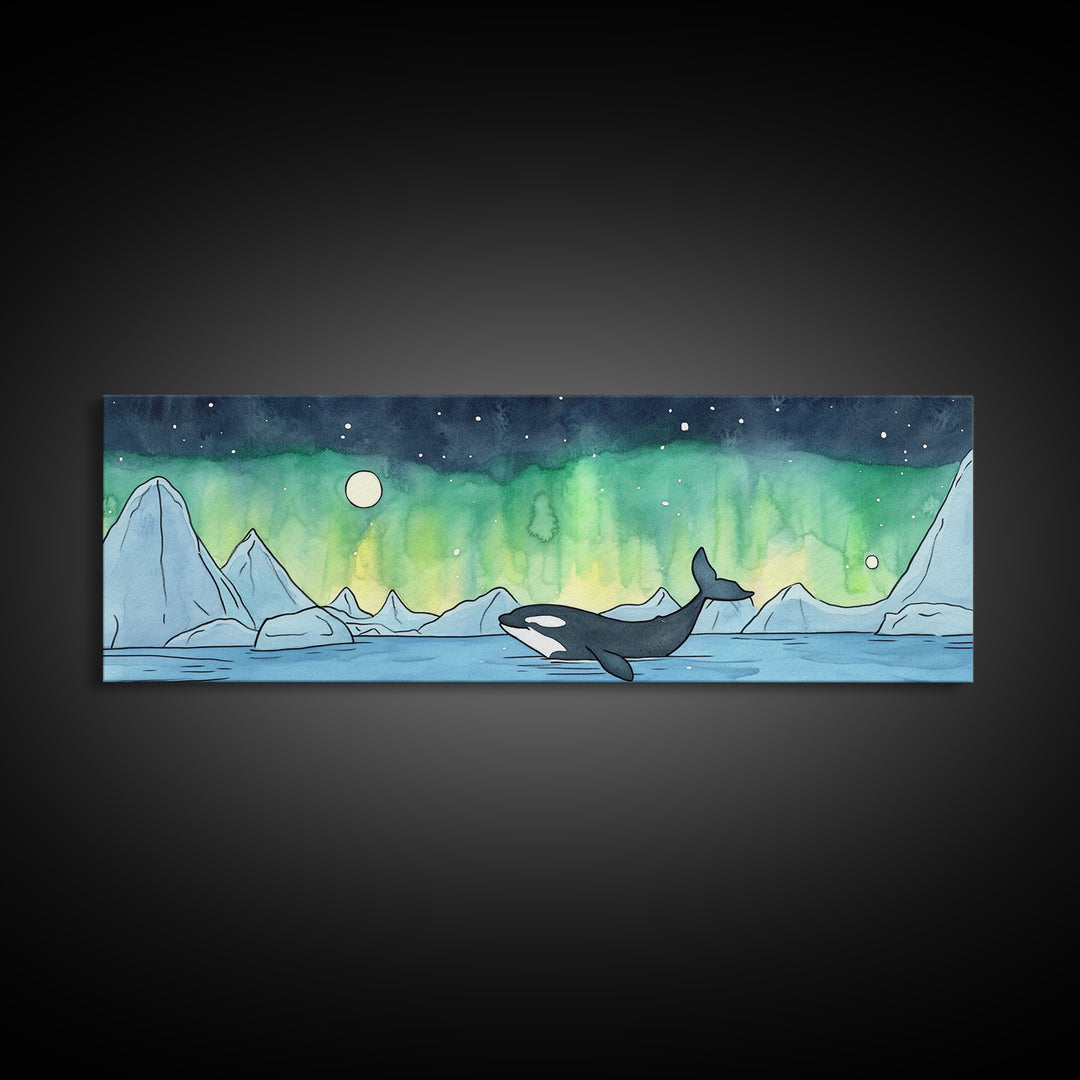 Orca Whale Under Northern Lights Wall Art, Arctic Seascape Canvas Print, Ocean Animal Art, Nautical Nursery Decor Gift Idea