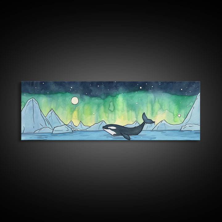 Orca Whale Under Northern Lights Wall Art, Arctic Seascape Canvas Print, Ocean Animal Art, Nautical Nursery Decor Gift Idea