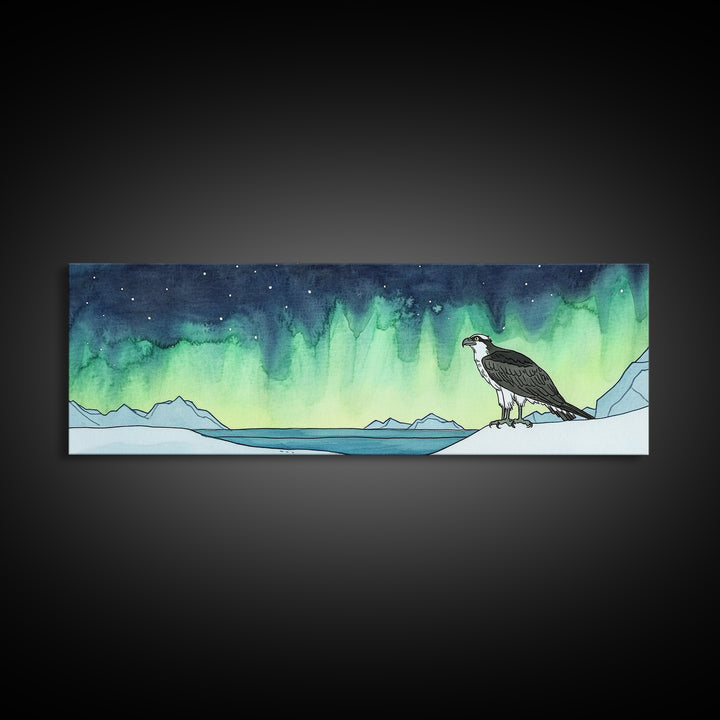 Osprey Over Icy Shore And Northern Lights Wall Art, Arctic Bird Canvas Print, Wildlife Nature Decor, Rustic Cabin Gift For Him