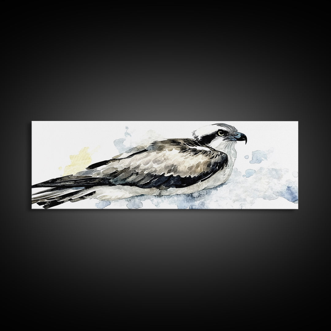 Flying Osprey Watercolor Wall Art, Black And White Bird Canvas Print, Wildlife Fine Art Print, Coastal Nature Decor Gift
