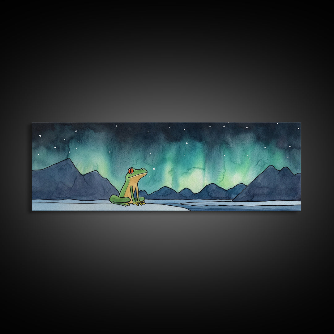 Green Frog Under Northern Lights Wall Art, Whimsical Animal Print, Mountain Lake Nursery Decor, Kids Room Wall Decor Gift