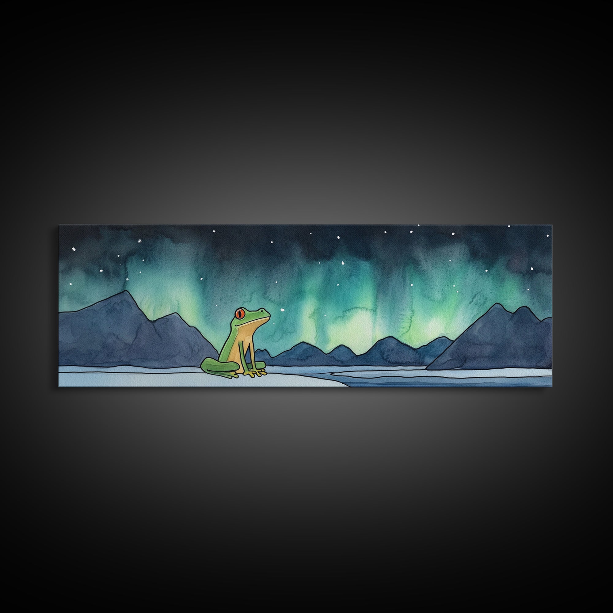 Green Frog Under Northern Lights Wall Art, Whimsical Animal Print, Mountain Lake Nursery Decor, Kids Room Wall Decor Gift
