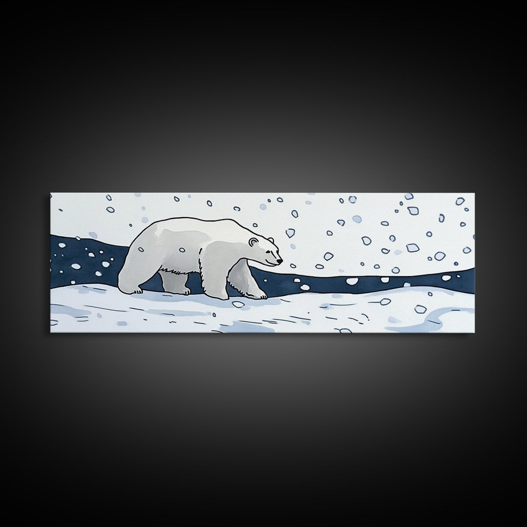 Polar Bear Walking In Falling Snow Canvas Print, Arctic Animal Wall Art, Winter Nursery Decor, Kids Room Wall Decor, Cabin Gift For Her