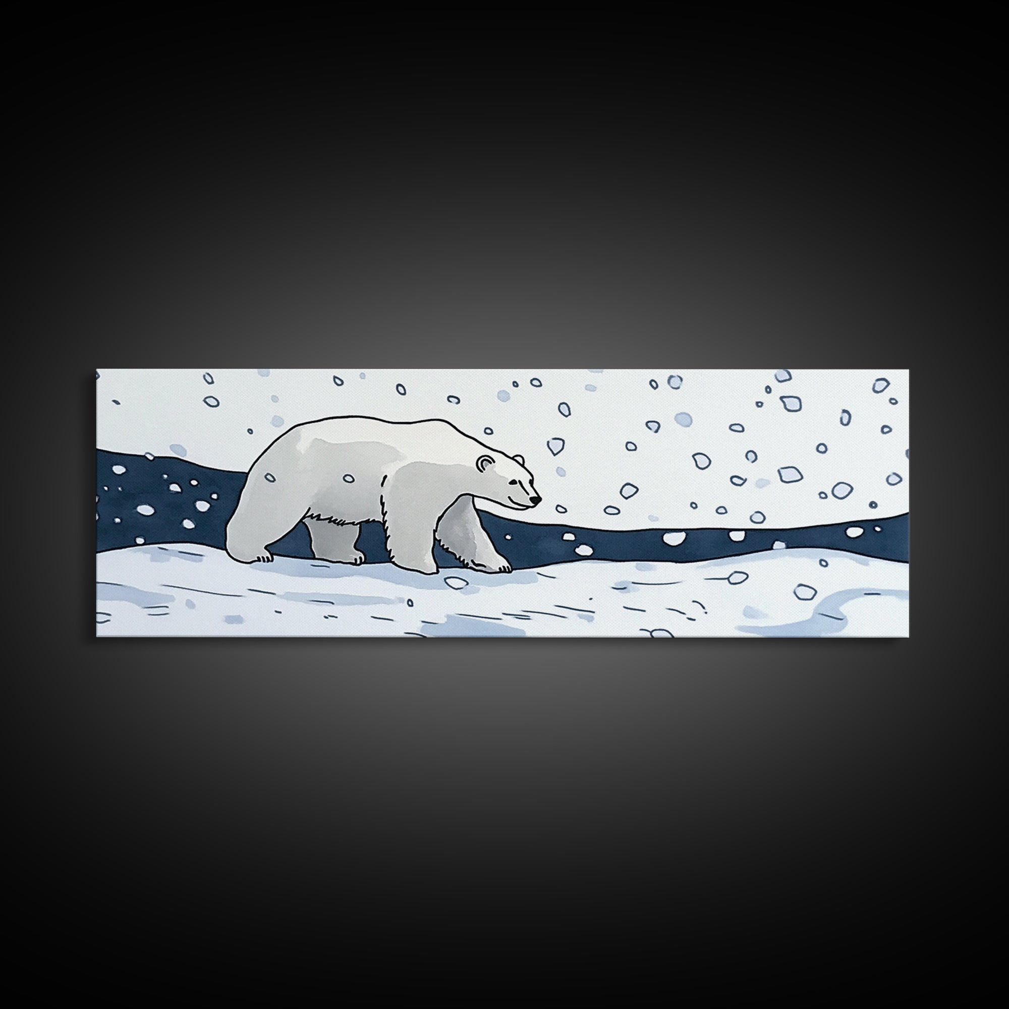 Polar Bear Walking In Falling Snow Canvas Print, Arctic Animal Wall Art, Winter Nursery Decor, Kids Room Wall Decor, Cabin Gift For Her