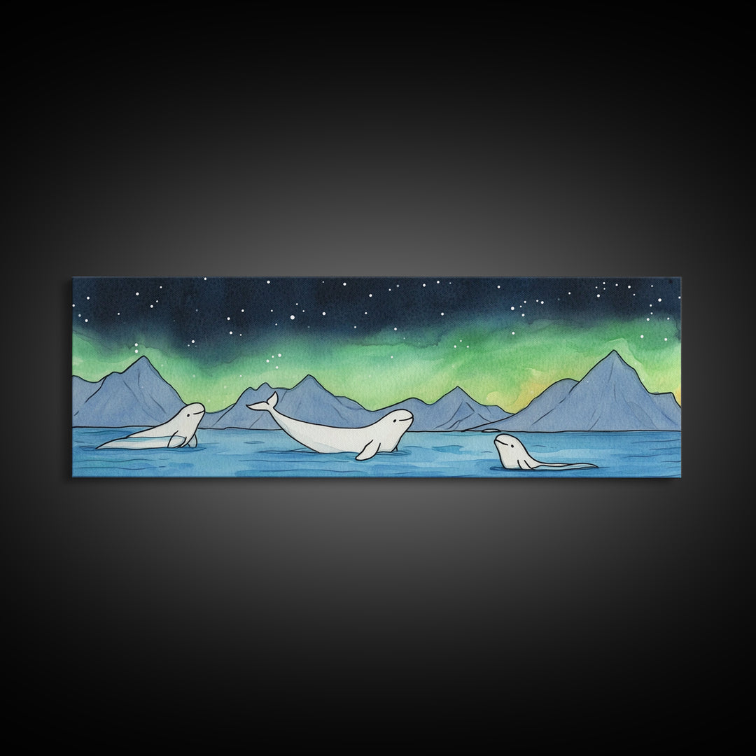 Beluga Whales Under Northern Lights Wall Art, Arctic Ocean Canvas Print, Wildlife Nursery Decor, Coastal Kids Room Art Print