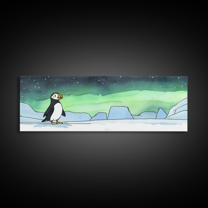 Puffin On Icy Shore Under Northern Lights Wall Art, Arctic Bird Canvas Print, Wildlife Nursery Decor, Coastal Wall Decor