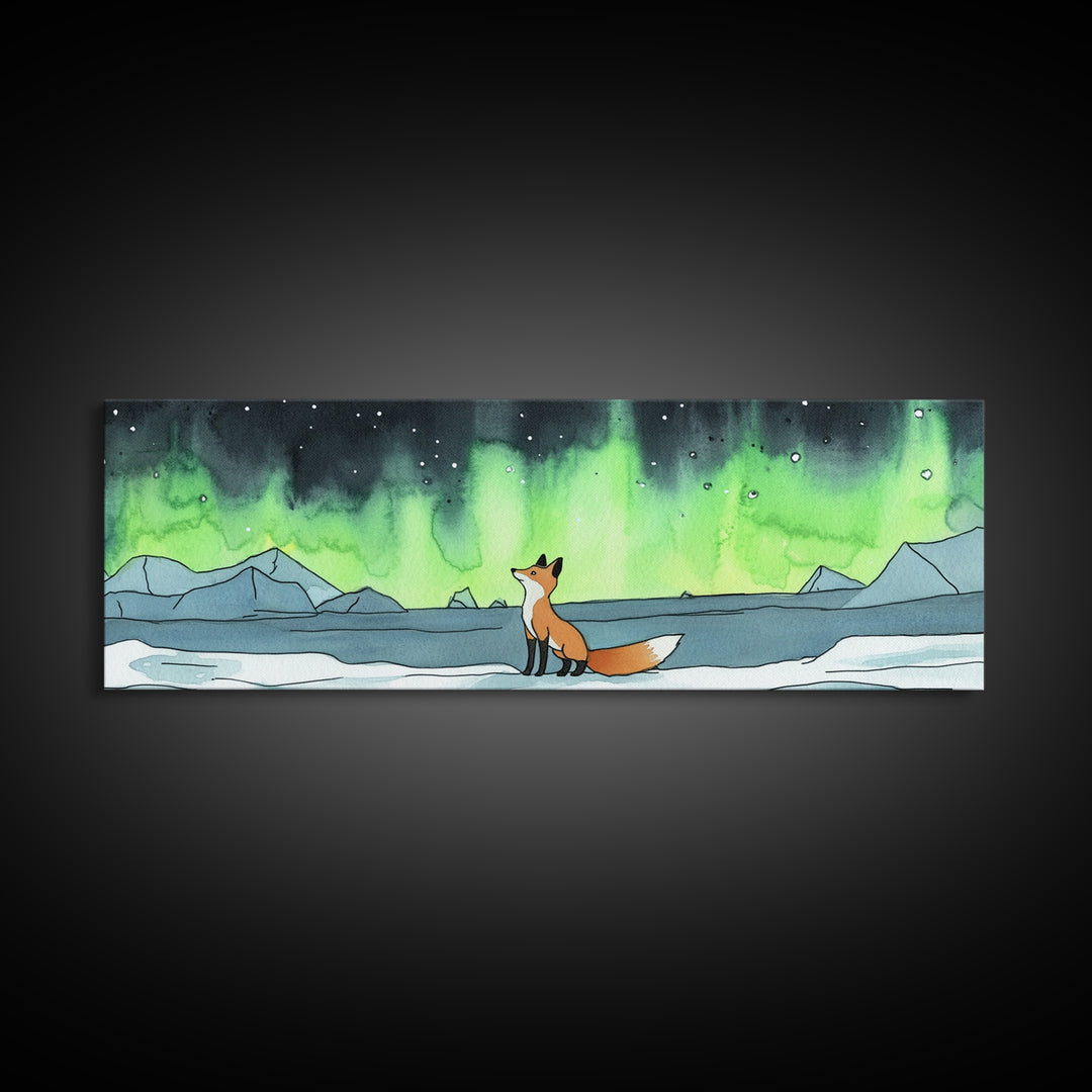 Fox Watching Northern Lights Wall Art, Arctic Wildlife Canvas Print, Woodland Animal Nursery Decor, Winter Landscape Print