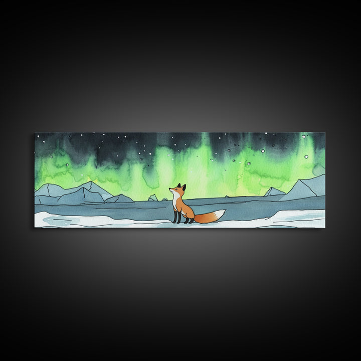 Fox Watching Northern Lights Wall Art, Arctic Wildlife Canvas Print, Woodland Animal Nursery Decor, Winter Landscape Print
