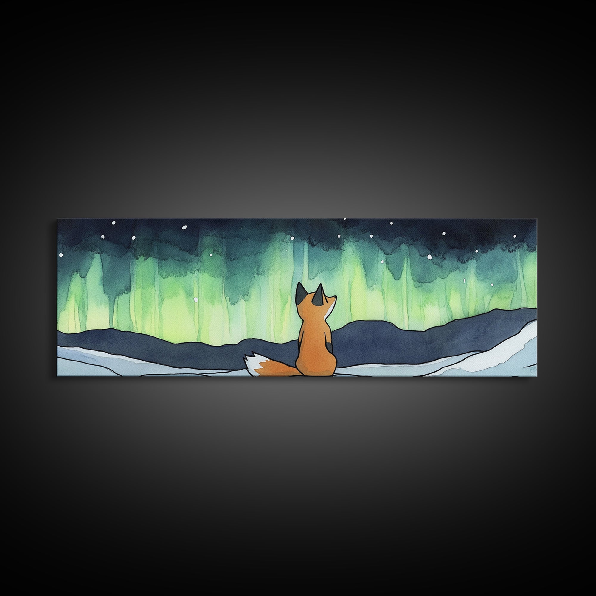 Fox Beneath Aurora Borealis Canvas Print, Winter Woodland Wall Art, Arctic Animal Decor, Cozy Nursery Art Print, Kids Room Decor